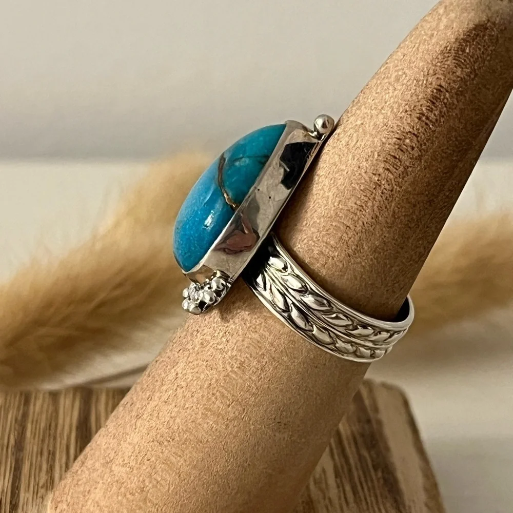 New 925 Solid Sterling Silver Turquoise and Pyrite Gemstone Ring Size 6.5